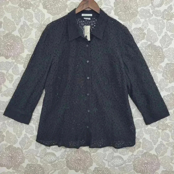 NWT Van Heusen Studio Womens Black Eyelet‎ Lace Button-Down Shirt XX-Large - Picture 1 of 9